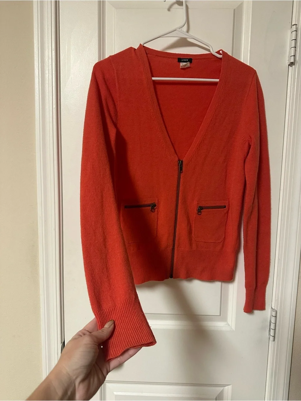 J. Crew Bright Coral Zip-Front V-Neck Cardigan. Wool/Cashmere blend